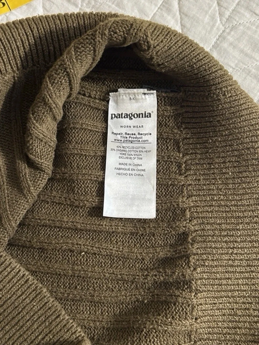 Patagonia Olive Rib-Knit Crewneck Sweater with Shoulder Panels